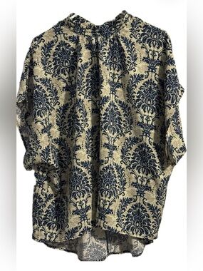Navy Blue & Cream Damask Print Batwing Blouse 1XL (US 14-16) SHEIN Curve Plus Sz